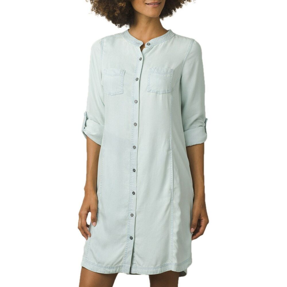 New Womens NWT PrAna Shirt Dress Light Blue Aliki Button S Soft Long 3/4 Sleeve